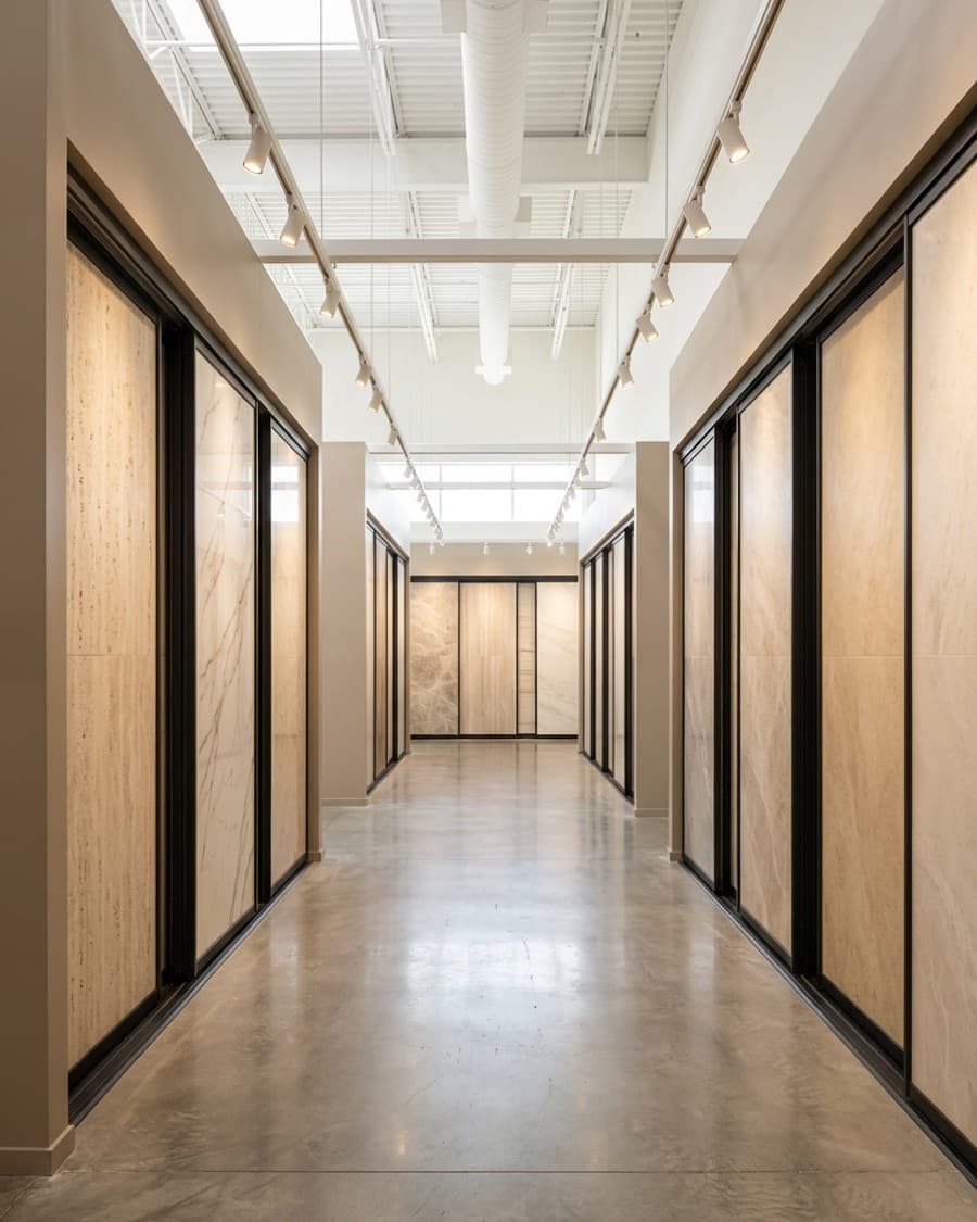 Şahika showroom'da raylı panellerde sergilenen büyük ebat seramik levhalar