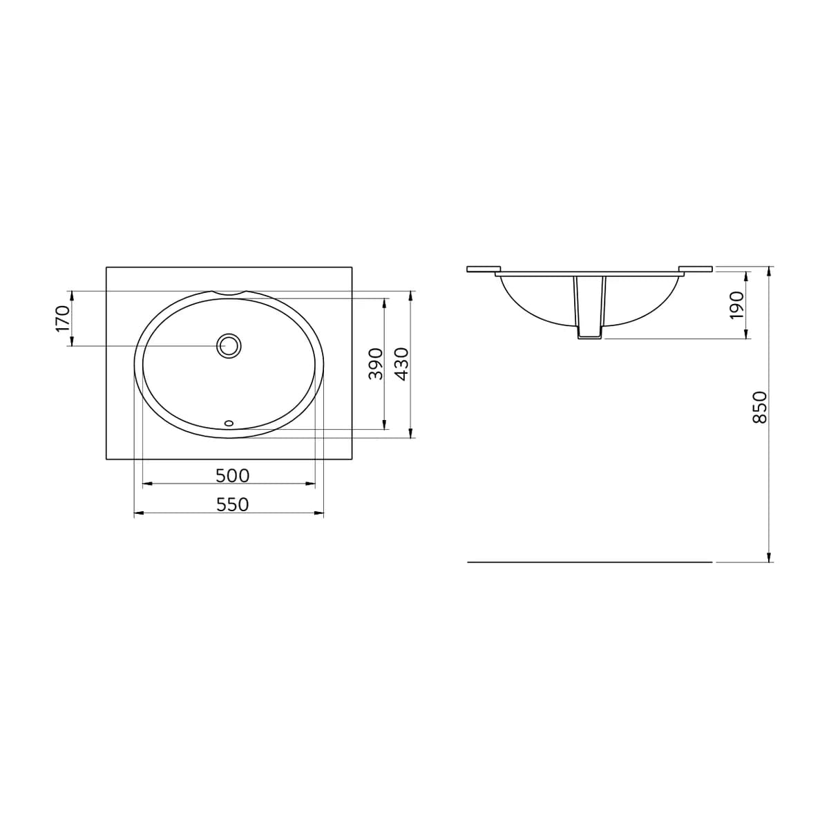 Seramiksan Tek Parça Tezgah Altı Oval Lavabo ölçülü teknik çizim