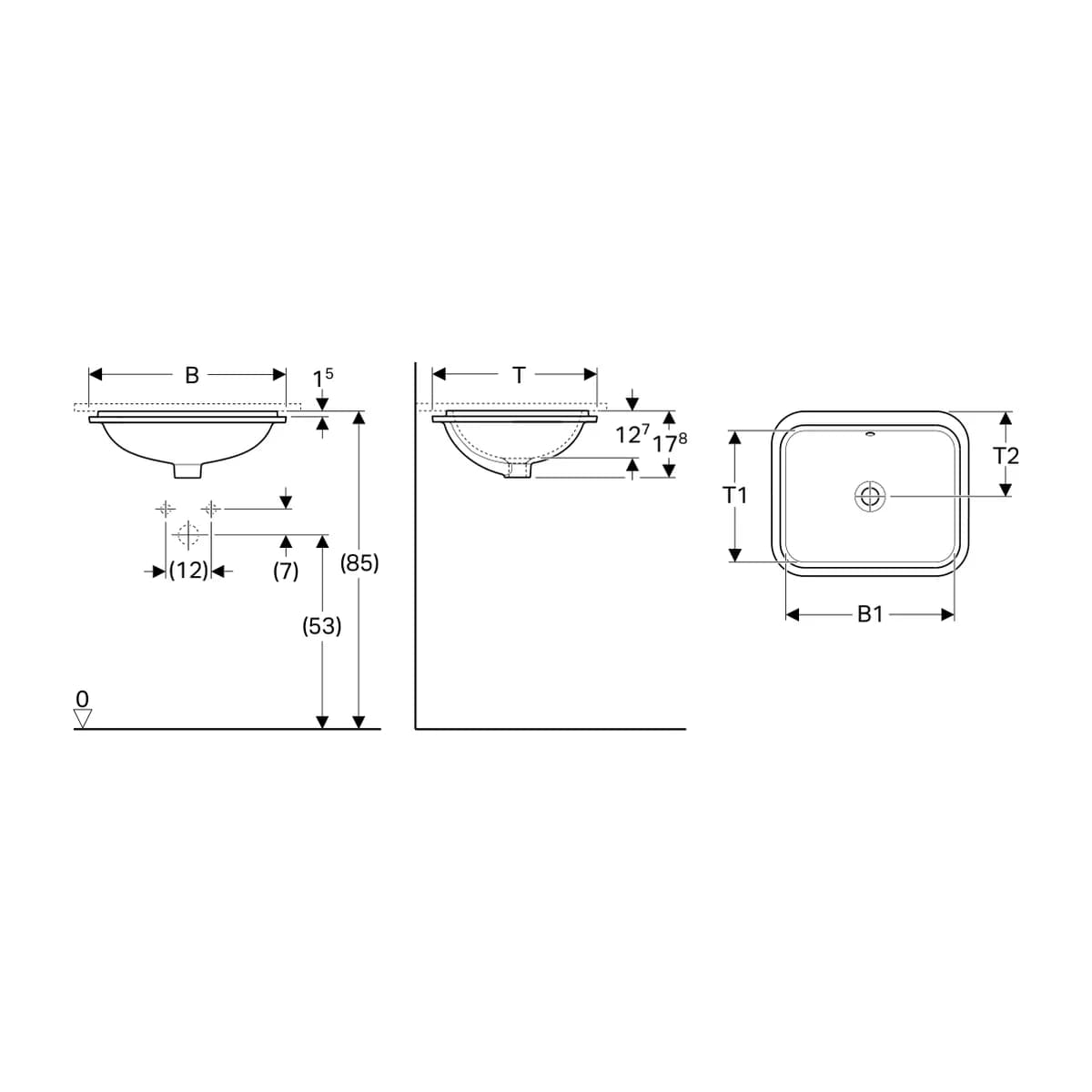 Geberit Variform Tezgah Altı Lavabo Dikdörtgen ölçülü teknik çizim
