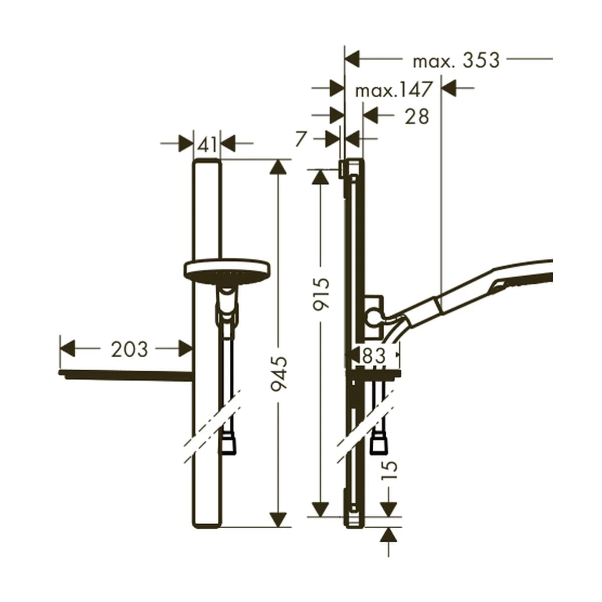 Hansgrohe Raindance Select S Duş Seti 120 3 Jet ölçülü teknik çizim