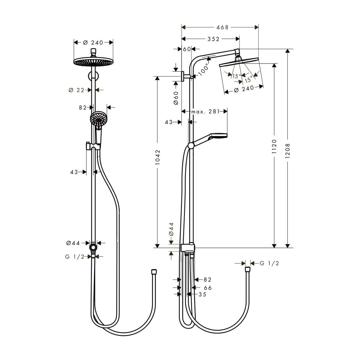 Hansgrohe Crometta S240 1 Jet Duş Kolonu Reno Eco ölçülü teknik çizim