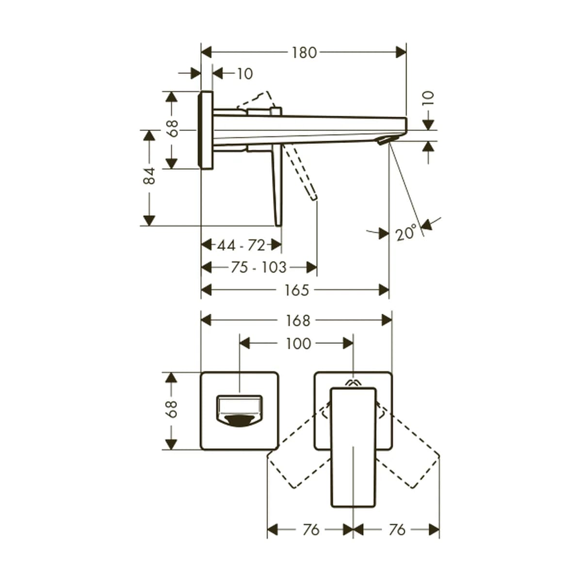 Hansgrohe Metropol Çubuk Volan Ankastre Duvar Lavabo Bataryası 165 ölçülü teknik çizim