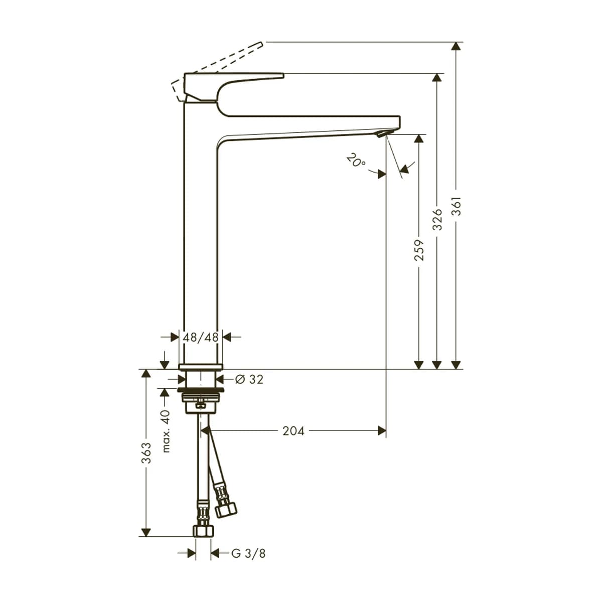 Hansgrohe Metropol Tek Kollu Lavabo Bataryası 260 ölçülü teknik çizim