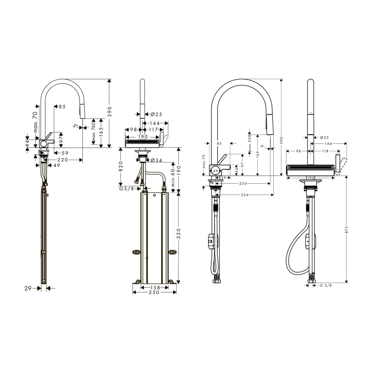Hansgrohe Aquuno Select M81 Tek Kollu Eviye Bataryası 170spi.2 Jet ölçülü teknik çizim