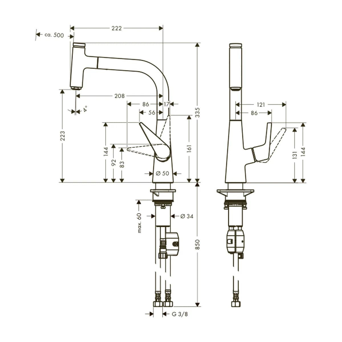 Hansgrohe Talis Select S Tek Kollu Eviye Bataryası ölçülü teknik çizim