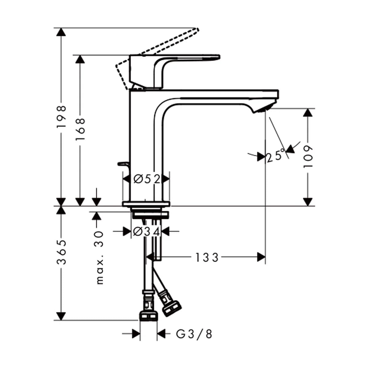 Hansgrohe Rebris E Tek Kollu Lavabo Bataryası 110 ölçülü teknik çizim