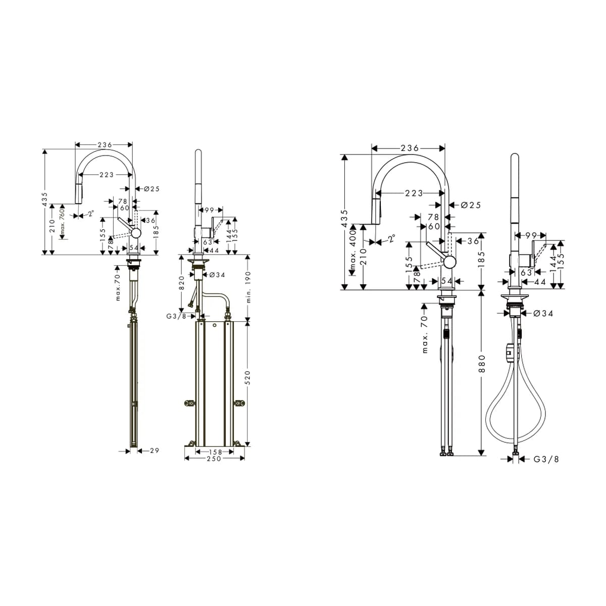 Hansgrohe Talis M54 Tek Kollu Eviye Bataryası 210 El Duşu ölçülü teknik çizim