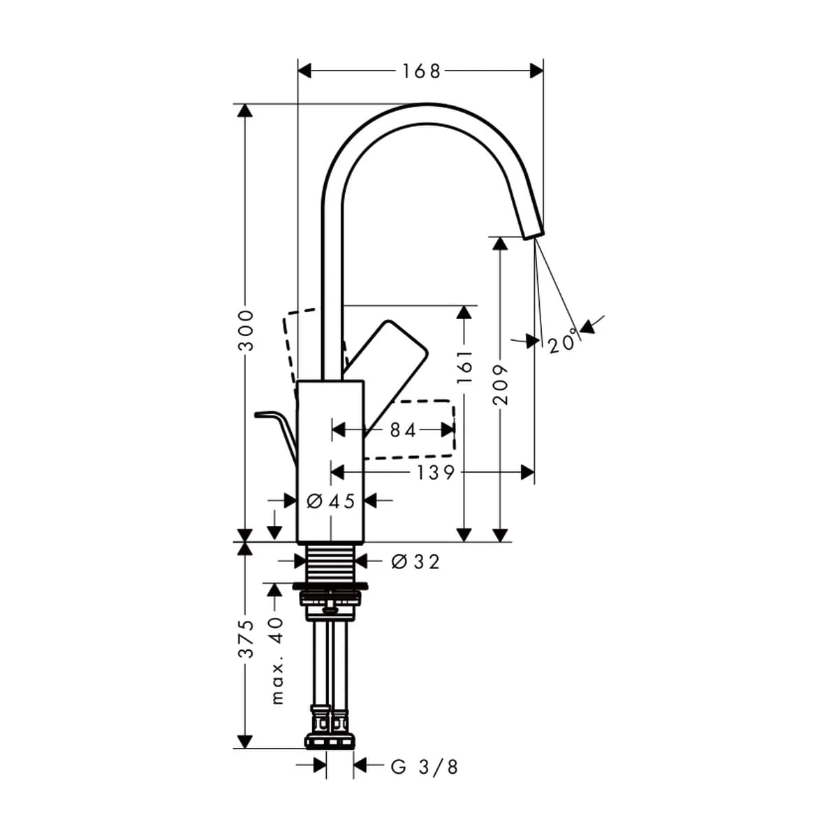 Hansgrohe Vivenis Tek Kollu Lavabo Bataryası 210 Kumandasız ölçülü teknik çizim