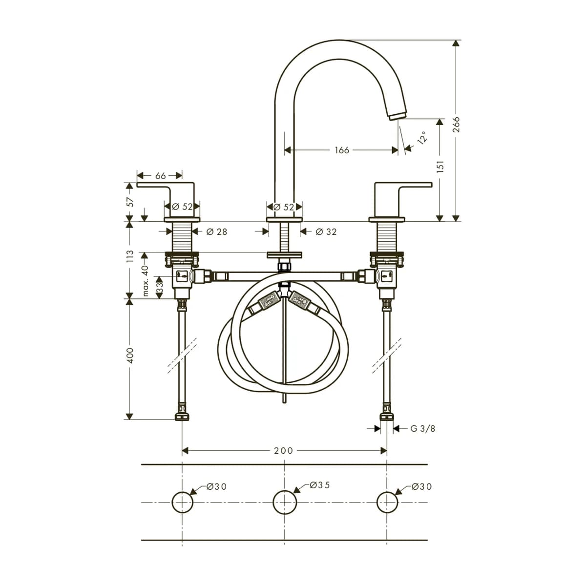 Hansgrohe Vernis Shape 3 Delikli Lavabo Bataryası ölçülü teknik çizim