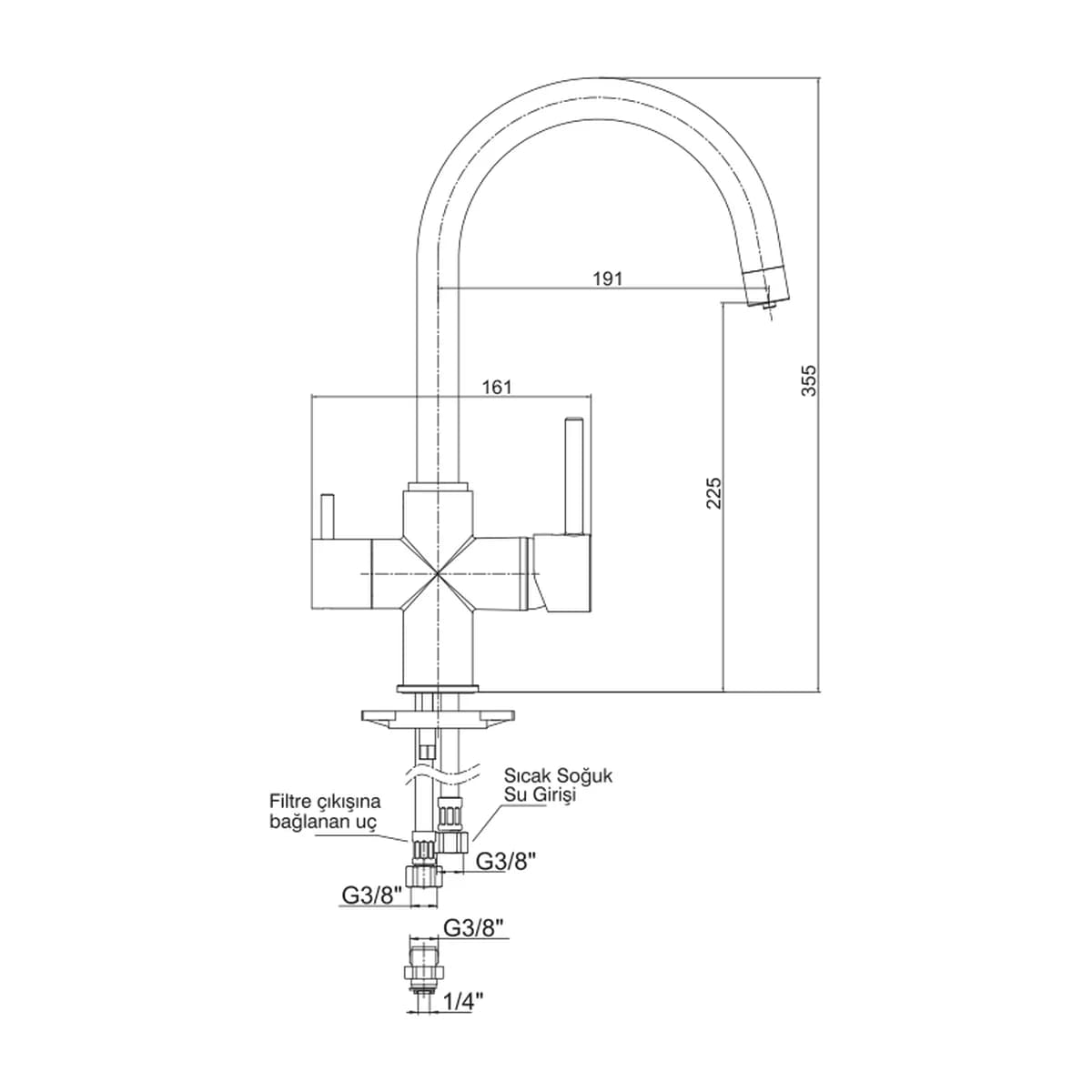 E.C.A. Serel Dual Flow Çift Akışlı Eviye Bataryası ölçülü teknik çizim