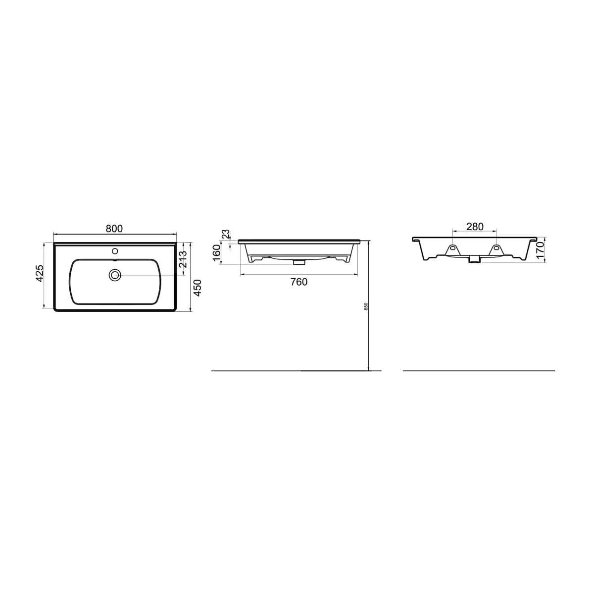 Seramiksan Saturn Flat Lavabo Mobilyaya Geçmeli ölçülü teknik çizim