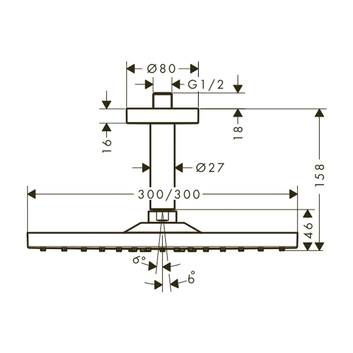 Hansgrohe Raindance E 300 1 Jet Tepe Duşu Tavan Bağlantılı BBR ölçülü teknik çizim