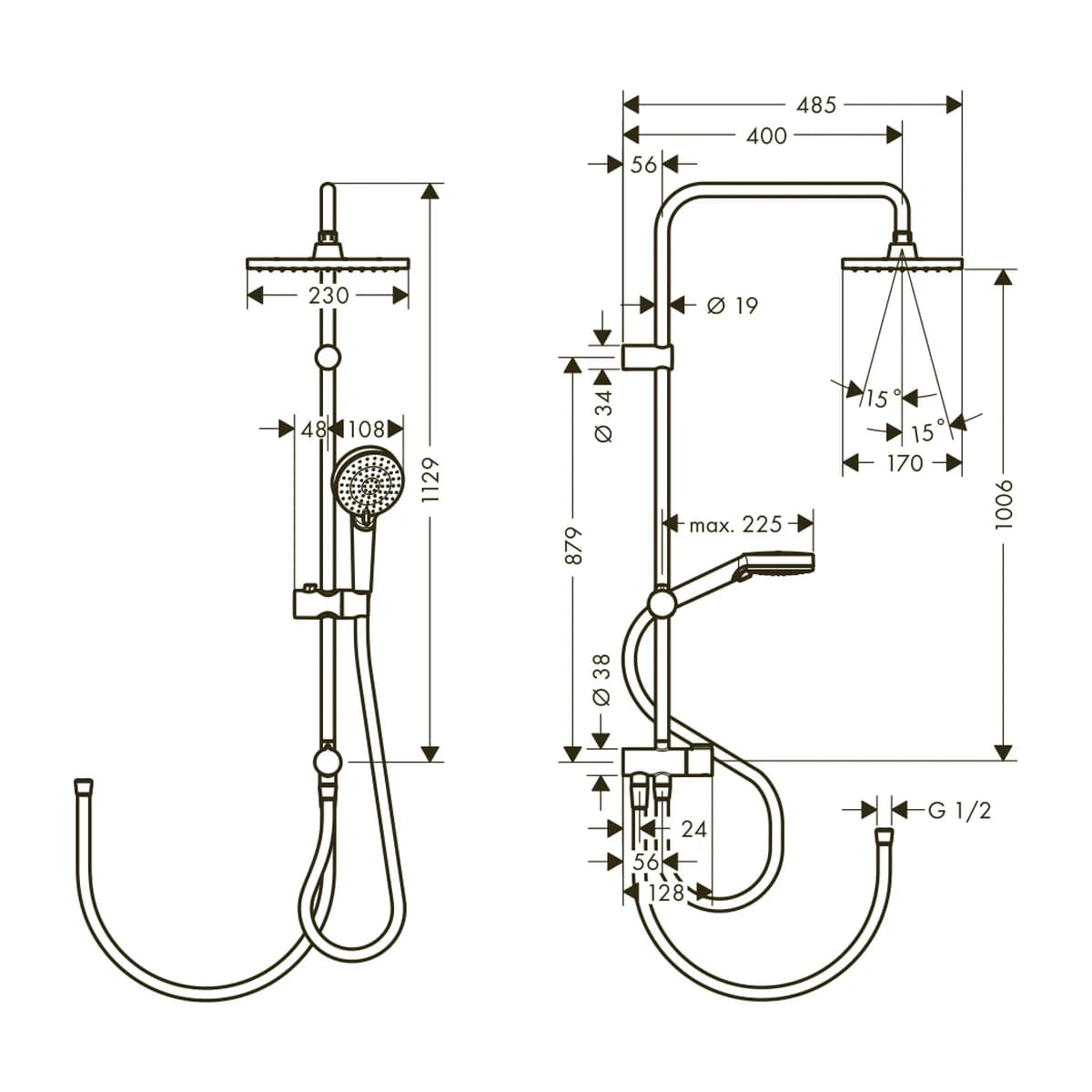 Hansgrohe Vernis Shape Duş Kolonu 230 1 Jet Reno ölçülü teknik çizim