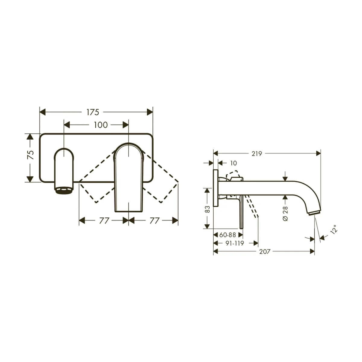 Hansgrohe Vernis Shape 2-H. Conc Basin Mix FS ölçülü teknik çizim