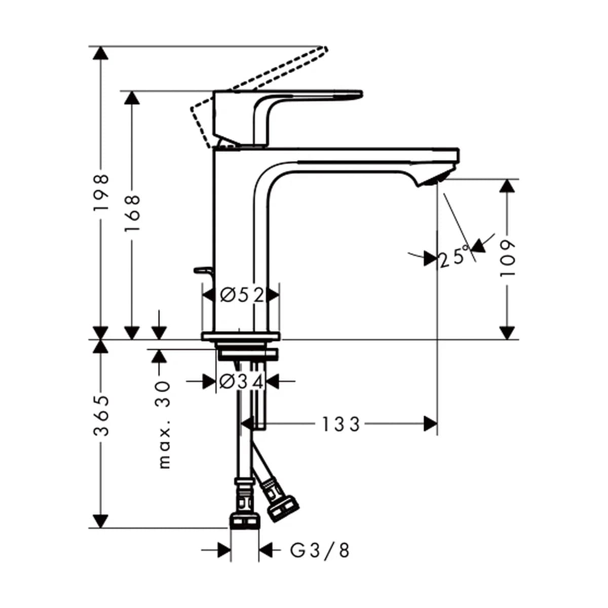 Hansgrohe Rebris S Tek Kollu Lavabo Bataryası 110 ölçülü teknik çizim