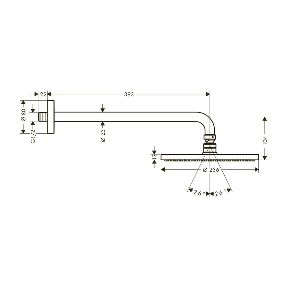 Hansgrohe Raindance S Tepe Duşu 240 1 Jet P Duş Dirseği ile ölçülü teknik çizim