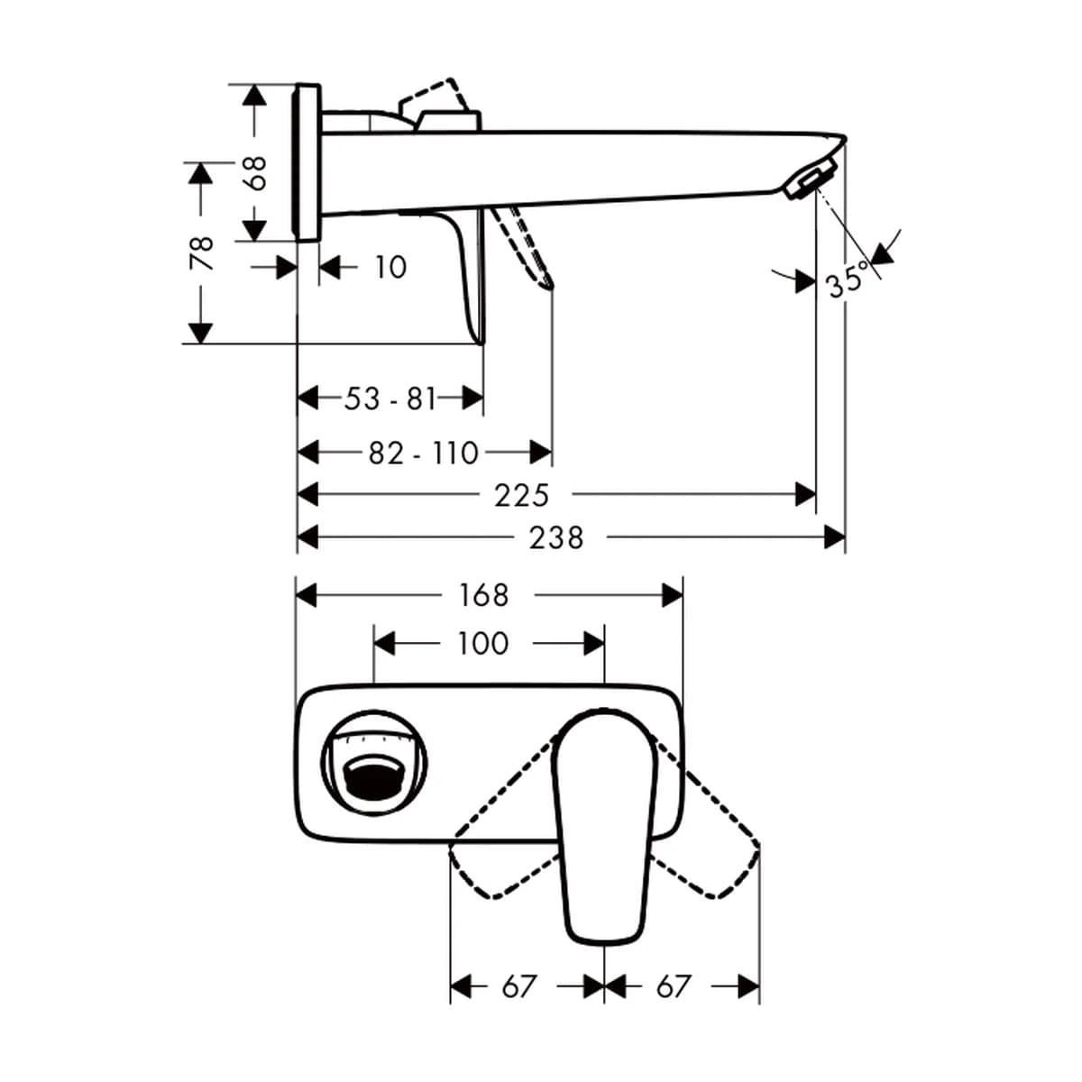 Hansgrohe Talis E Ankastre Tek Kollu Lavabo Bataryası Gaga ölçülü teknik çizim