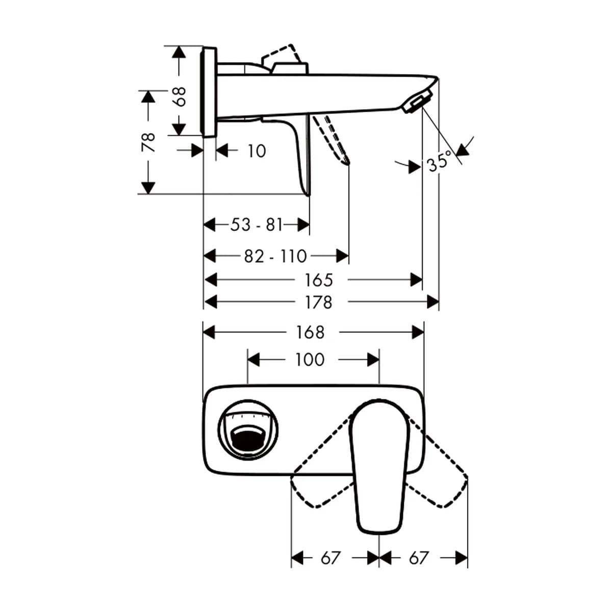 Hansgrohe Talis E Ankastre Tek Kollu Lavabo Bataryası Gaga ölçülü teknik çizim