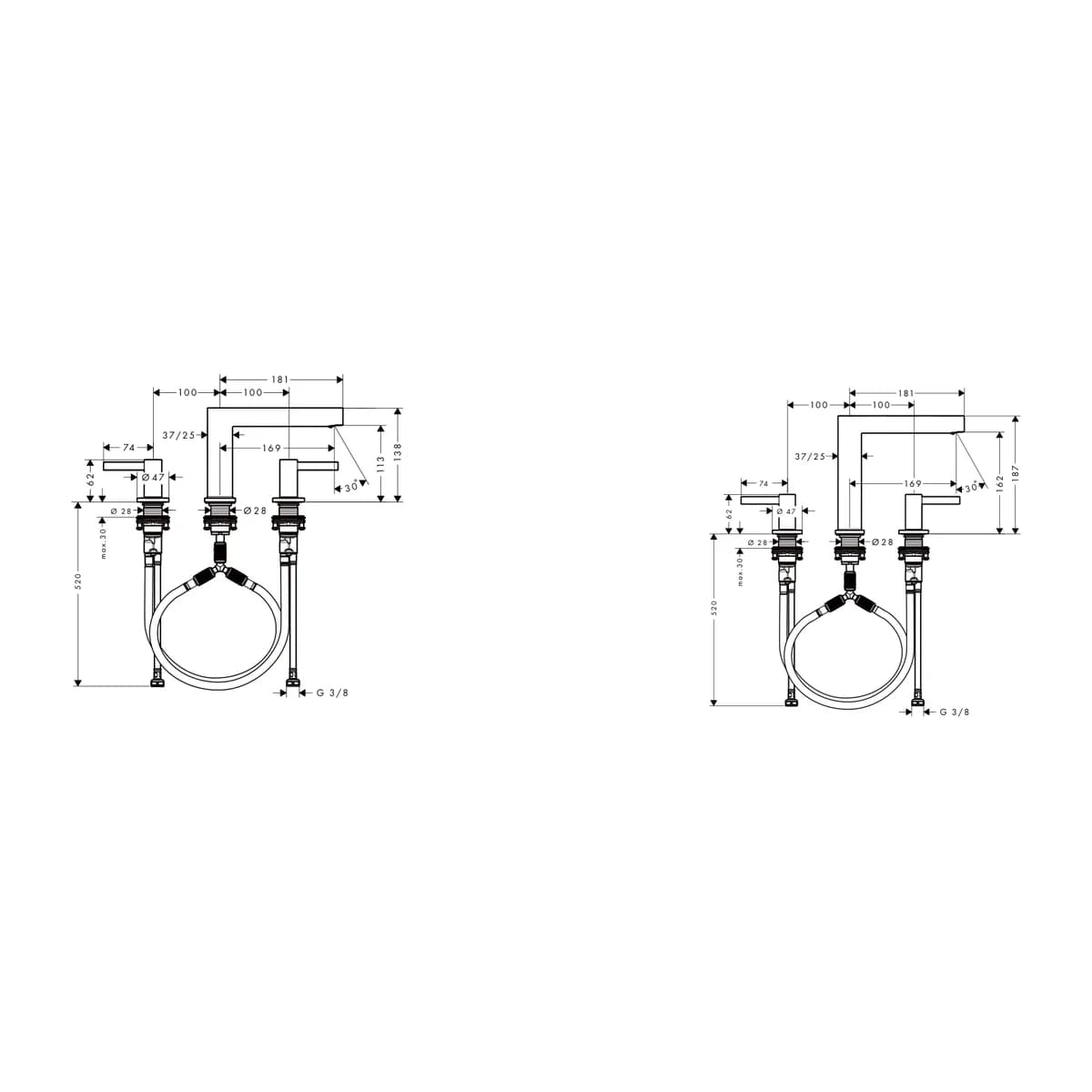 Hansgrohe Finoris 3 Delikli Lavabo Bataryası ölçülü teknik çizim
