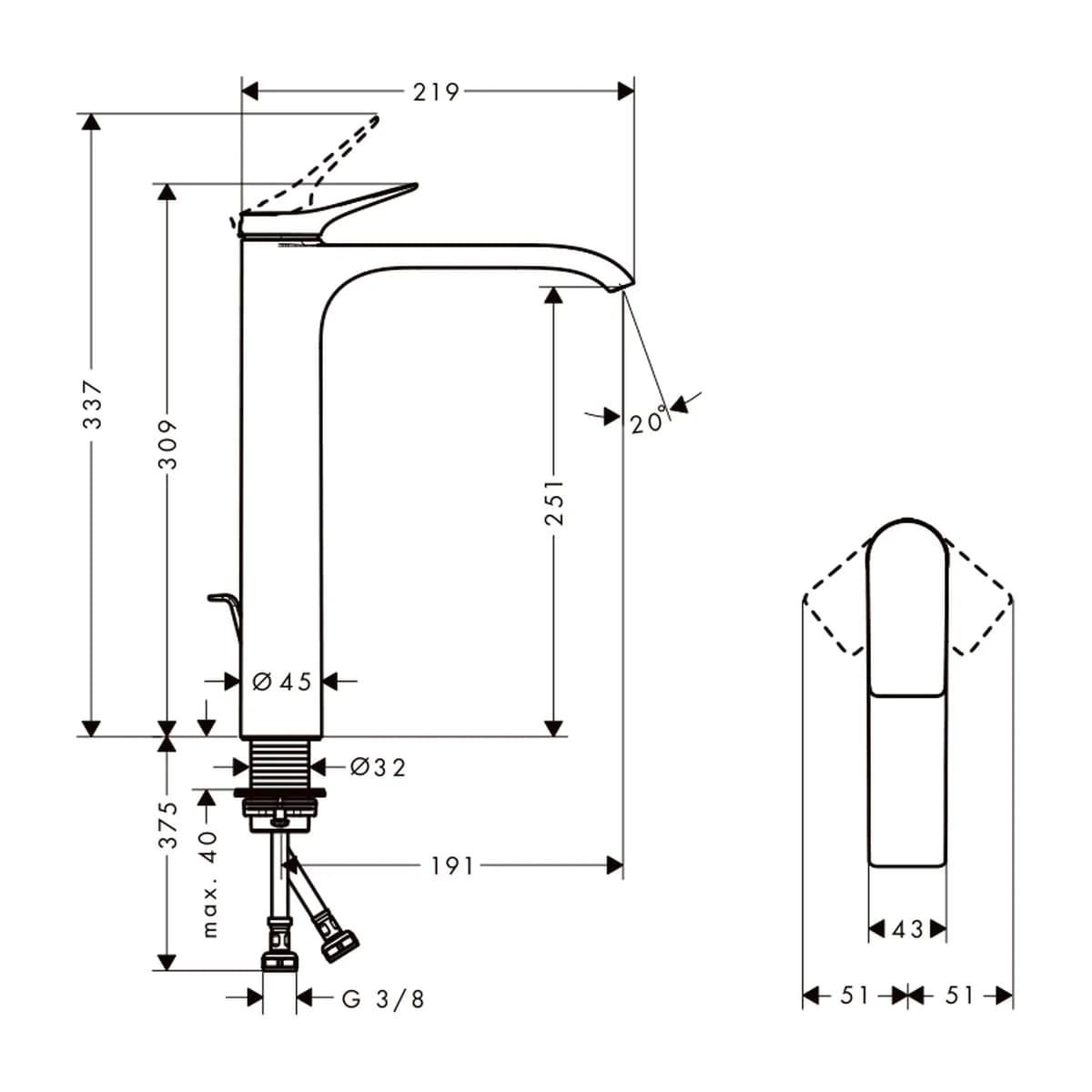 Hansgrohe Vivenis Tek Kollu Lavabo Bataryası 250 Çanak Kumandasız ölçülü teknik çizim
