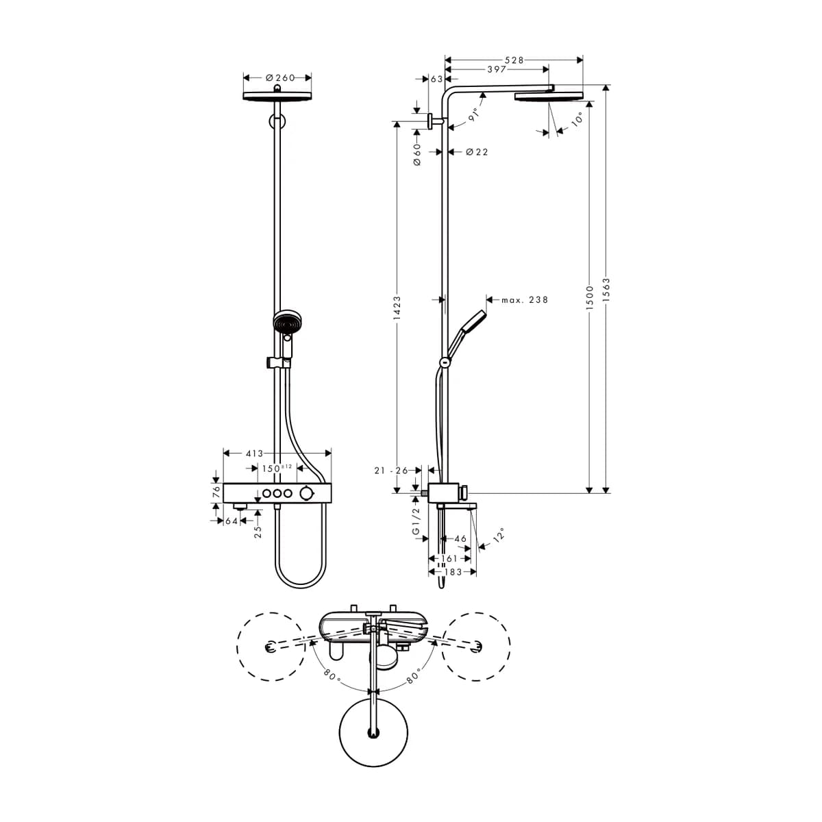 Hansgrohe Duş Kolonu 260 Jet With Banyo Termostatik ölçülü teknik çizim