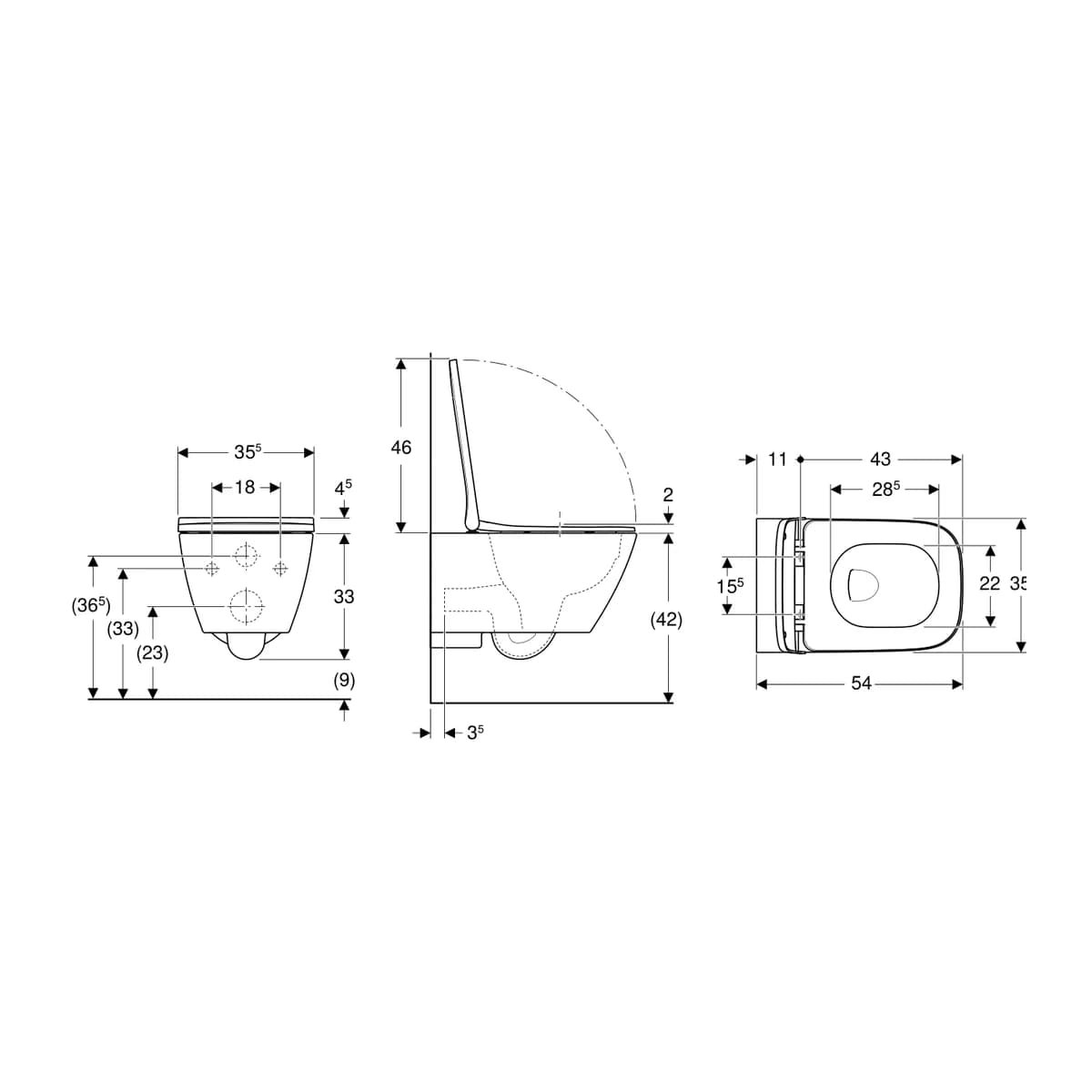 Geberit Smyle Square Kanalsız Asma Klozet + Kapak ölçülü teknik çizim